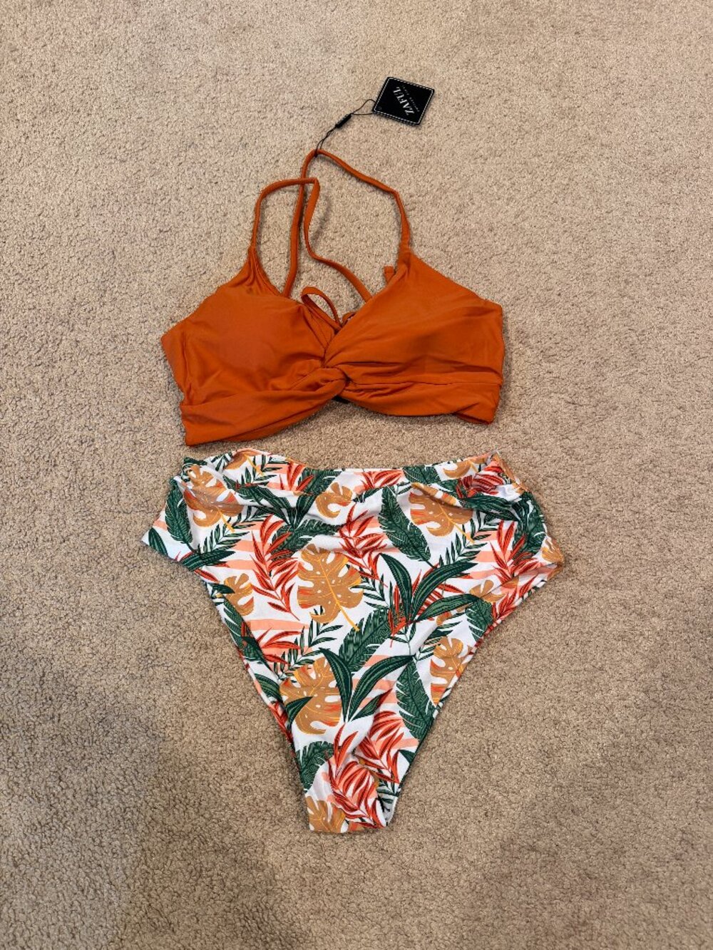 ZAFUL Twist High Waisted Bikini Bathing Suit Orange Floral Medium